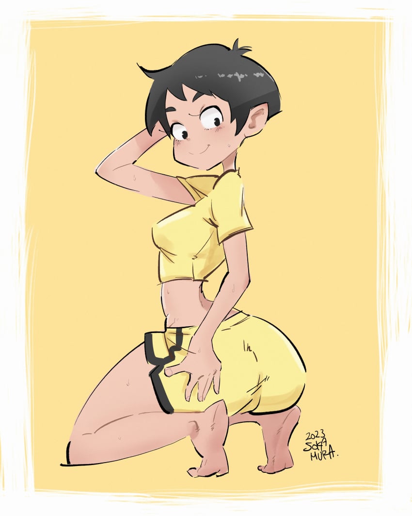 big_ass black_eyebrows black_hair blush crop_top eyelashes feet female female_only highres kneeling long_eyelashes looking_back looking_over_shoulder pinup short_hair shorts smile sokamura soles solo solo_female sweat sweatdrop sweating sweaty thick_thighs yellow_crop_top yellow_shorts