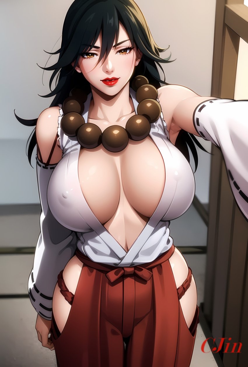 ai_generated brown_hair brunette_hair cjin cleavage history's_strongest_disciple_kenichi huge_breasts japanese_clothes mikumo_kushinada milf nipple_bulge nipples thick thick_thighs