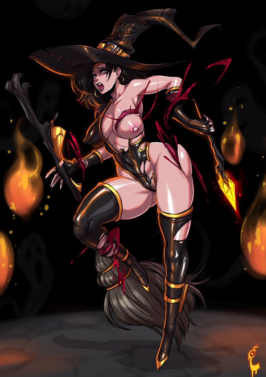 1girls asian_female ass_cheeks black_hair black_orchid black_outfit blood blue_eyes breasts breasts_out broom defeated defeated_heroine dismemberment earrings fatality fear female gore guro halloween halloween_costume heroine heroine_in_trouble killer_instinct large_breasts leotard magic_wand no_mercy orchid_(killer_instinct) pubic_hair pussy_peek ryona scared screaming thighhighs thighs torn_clothes torn_clothing torn_legwear turtlechan wand witch_hat wounded