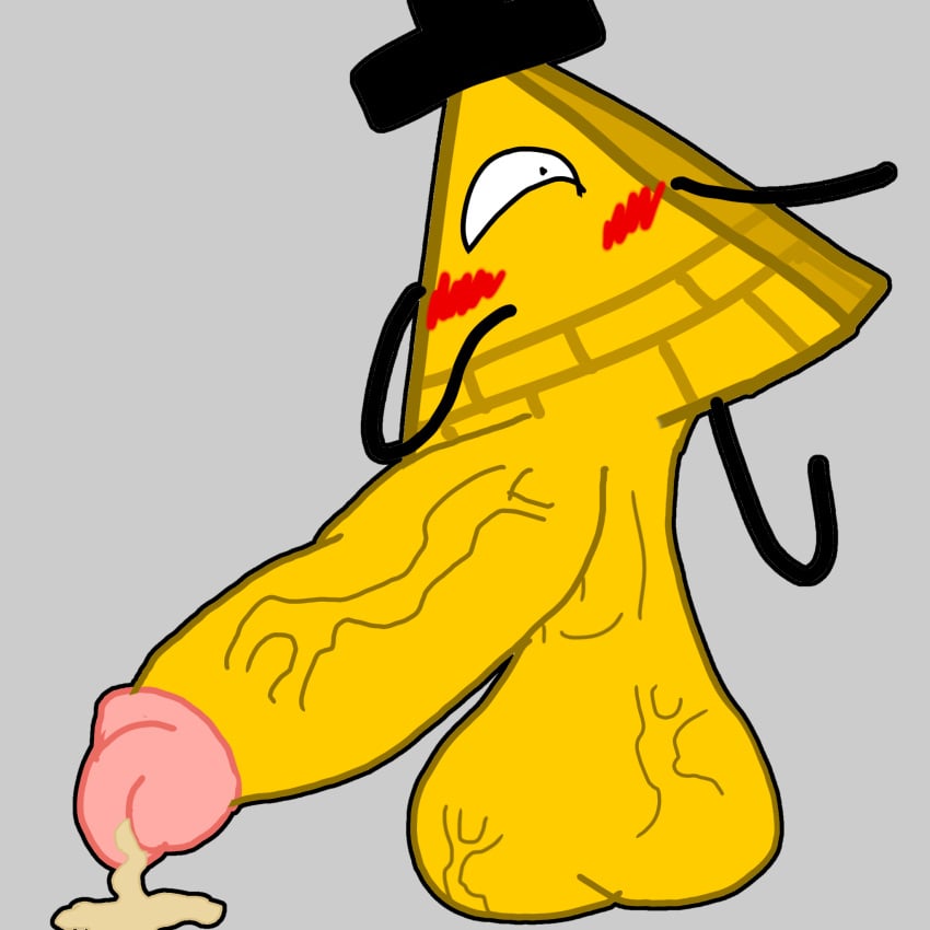 1boy bill_cipher blush corruptedftm_(artist) giggling gravity_falls huge_cock hyper_penis leaking_cum make male_only molded_cum solo triangle unusual_cum veiny_penis veiny_testicles yellow_skin