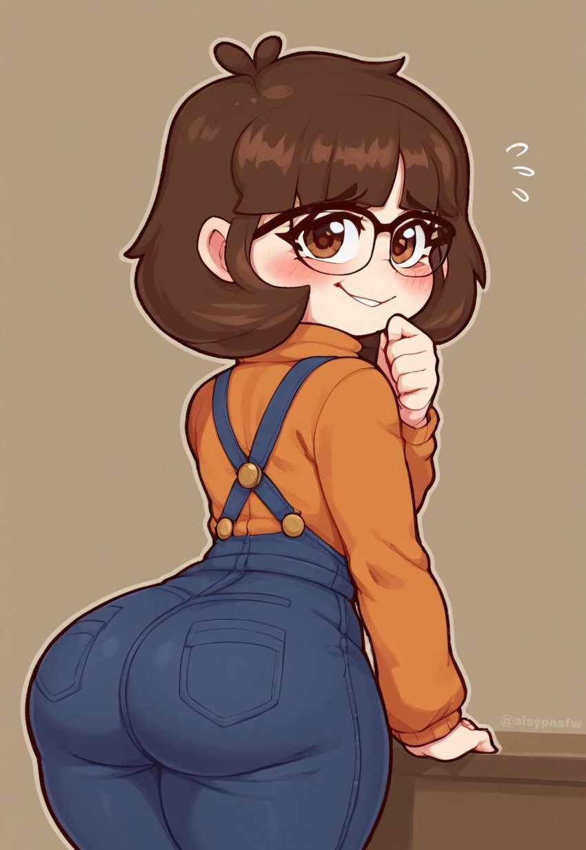 ai_generated ass bizabizow blush blush brown_eyes brown_hair brown_hair brunette_hair clothed female glasses hand_on_cheek looking_at_viewer looking_back orange_sweater overalls smiling solo suggestive suggestive_look suggestive_pose tan_background watermark youtube youtuber youtuber_girl