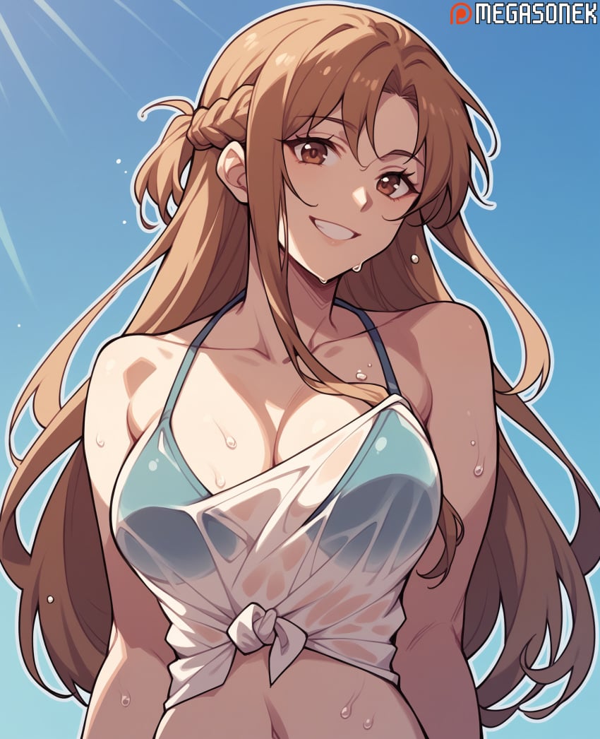 1girls ai_generated bangs bare_shoulders bikini blue_background blue_bikini braid breasts brown_eyes brown_hair cleavage collarbone female grin large_breasts long_hair looking_at_viewer megasonek navel patreon_username see-through shirt smile solo swimsuit sword_art_online tied_shirt upper_body watermark wet wet_clothes wet_shirt white_shirt yuuki_asuna