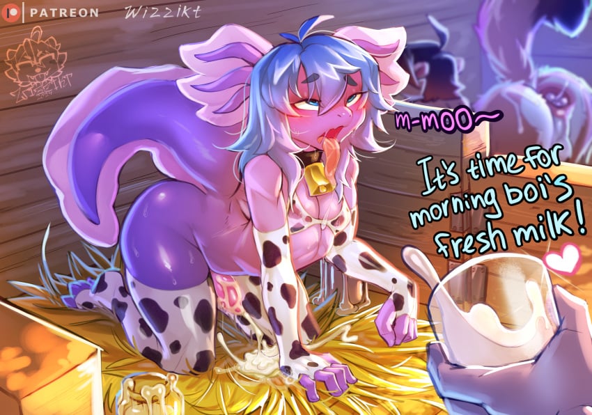 amphibian animal_print anthro axolotl bard bell bell_collar blue_eyes blue_hair bodily_fluids bra clothed clothing collar cow_print cowbell cowprint_leggings crossdressing cum cum_drip cum_in_a_cup cum_in_ass cum_in_container cum_inside cumshot dialogue disembodied_hand dripping ejaculation femboy fingerless_gloves genital_fluids gloves group hair handwear hi_res inside legwear long_hair male male/male mammal marine mole_salamander penile penis_milking purple_body raised_tail salamander stable tail text thigh_highs tongue tongue_out trio underwear wizzikt