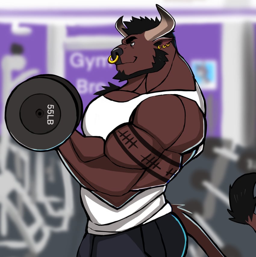 anthro balls bara barazoku beard bovid bulge bull clothing darknaigart exercise facial_hair flaccid gay gym horns male male_only muscles muscular nose_piercing penis piercing solo solo_male weightlifting