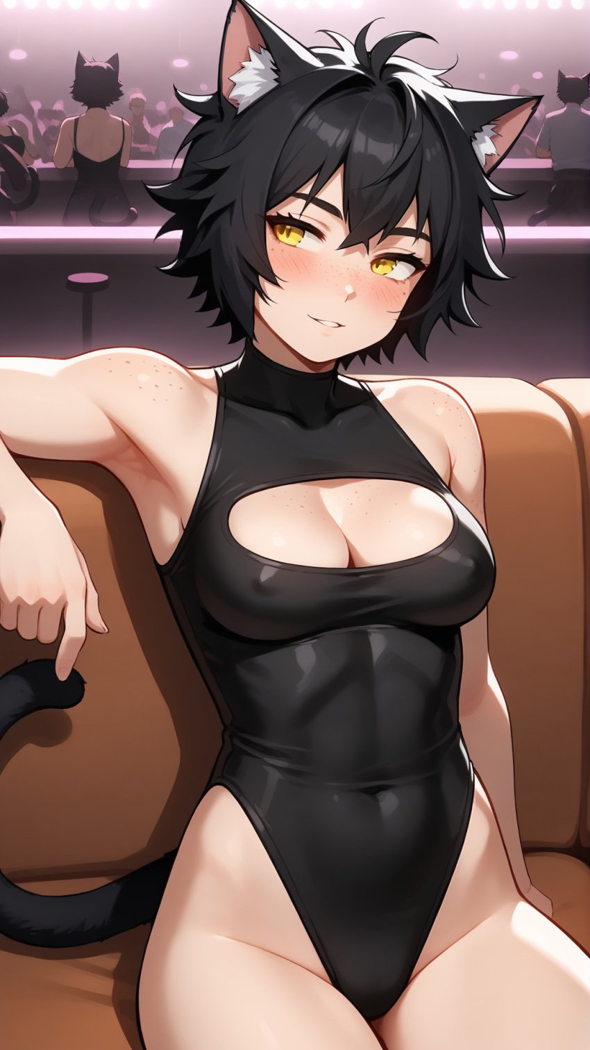 ai_generated bankonit black_hair blush boob_window breasts cat_ears cat_tail catgirl cleavage cleavage_cutout club covered_nipples freckles freckles_on_breasts freckles_on_face freckles_on_shoulders legs_together leotard medium_breasts navel navel_visible_through_clothes nightclub nipples_visible_through_clothing parted_lips pointing pointing_down short_hair shoulders smile solo stable_diffusion thighs tight_clothing yellow_eyes