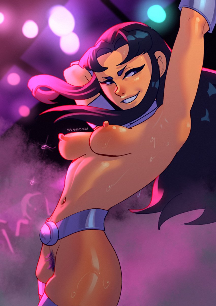 1girls alternate_version_available armpit armpits arms_up belly_button belt black_hair blackfire bracers breasts clothes club dancing dc dc_comics female grin komand'r legwear long_hair medium_breasts navel nightclub nipples playzholder pubic_hair purple_eyes smile smirk solo sweat sweaty sweaty_armpits sweaty_body sweaty_breasts sweaty_thighs tan_skin teen_titans thighhighs thighs