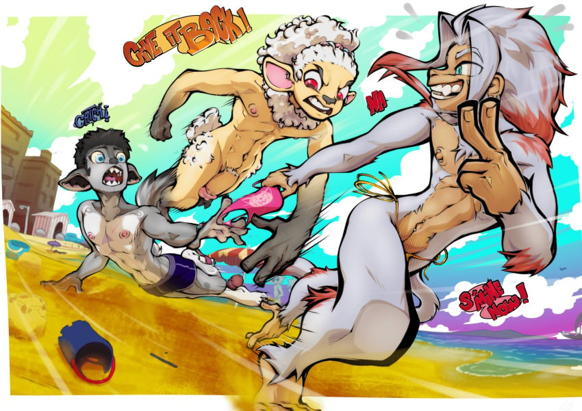 abs albino annoyed anthro athletic athletic_anthro athletic_male beach black_hair bovid canid canine canis caprine clothing clothing_theft dialogue english_text erection facial_hair fur genitals goatee grey_body grey_fur group hair half-closed_eyes haplorhine hi_res highlights_(coloring) humanoid_genitalia humanoid_penis male mammal monkey multicolored_body multicolored_fur muscle_tone narrowed_eyes nude pecs penis primate red_highlights roussel sharp_teeth sheep shippun smile smirk smug smug_face smug_grin speech_bubble stealing swimming_trunks swimwear swimwear_theft tan_body tan_skin teeth text thong trio two_tone_body two_tone_fur underwear vonboche white_hair wide_eyed wolf wool_(fur) yellow_body yellow_fur