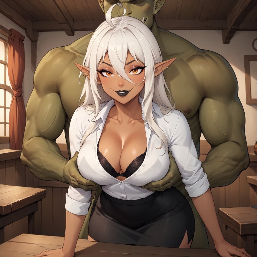 ai_generated dark-skinned_female dark_skin elf elf_female female grabbing imminent_sex male male/female oc orange_eyes orc orc_male voloeil white_hair