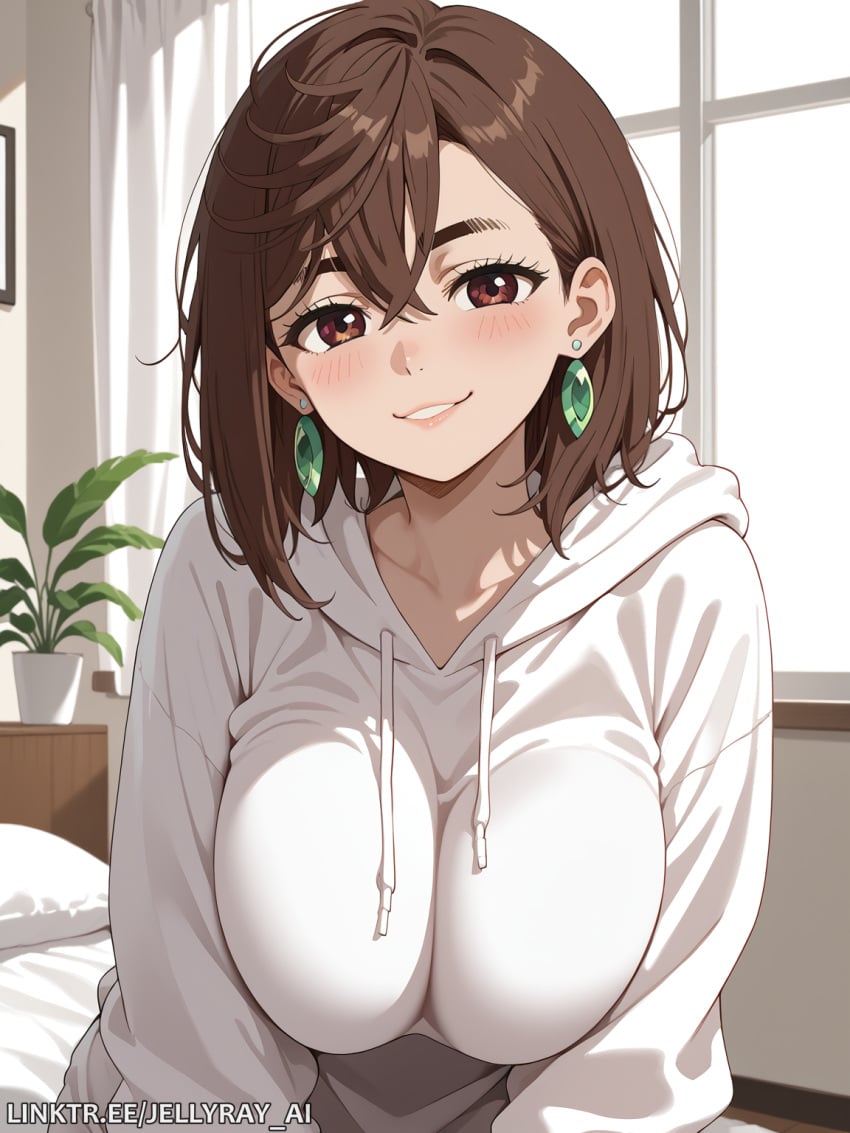 ai_generated ayase_momo bangs blush breasts brown_eyes brown_hair dandadan earrings female hair_between_eyes hood hoodie indoors jellyray_ai jewelry large_breasts looking_at_viewer parted_lips plant short_hair smile solo upper_body white_hoodie