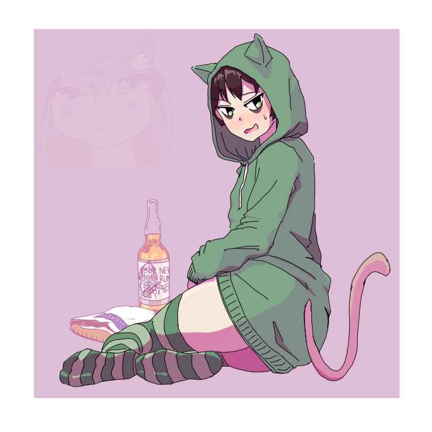 alcohol black_hair blush blush cat_boy cat_ears cat_tail catboy embarrassed femboy green_eyes hoodie indie_virtual_youtuber neuro-sama programming_socks socks thighs vedal987 virtual_youtuber