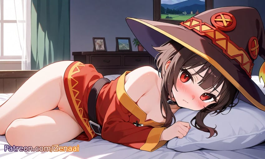 1girls ai_generated bare_shoulders bedroom blush breasts brown_hair dress from_side girl hat indoors kono_subarashii_sekai_ni_shukufuku_wo! long_sleeves looking_at_viewer lying megumin no_panties no_underwear off_shoulder on_bed on_side patreon pillow pussy red_eyes shy small_breasts solo uncensored witch_hat zenaai