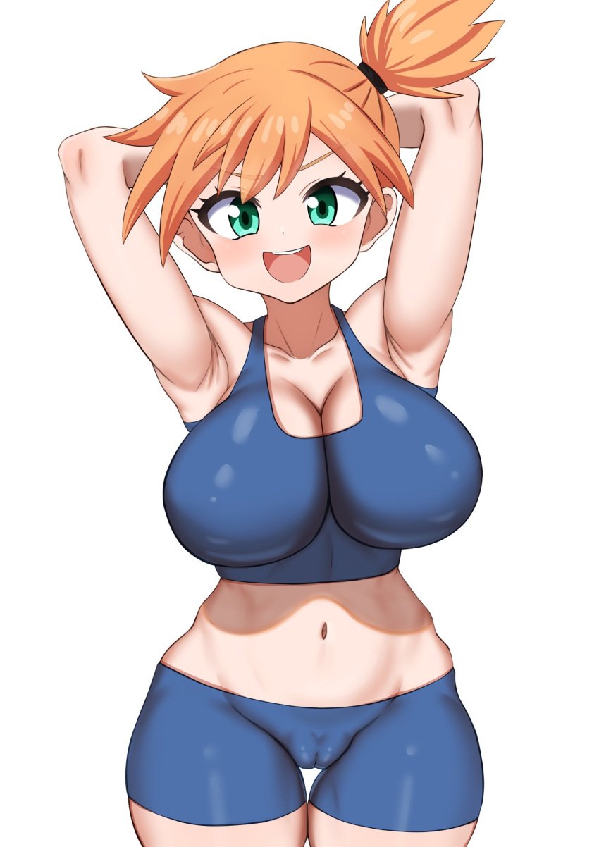 :d armpits arms_behind_head arms_up asymmetrical_hair blue_shorts blush breasts cameltoe cleavage creatures_(company) female female_focus game_freak green_eyes gym_leader highres huge_breasts kasumi_(pokemon) large_breasts looking_at_viewer midriff navel nintendo open_mouth orange_hair pokemon pokemon_(anime) pokemon_(classic_anime) pokemon_frlg pokemon_rgby ponytail runate shiny_skin short_hair short_shorts shorts side_ponytail smile solo standing teeth thick_thighs thigh_gap thighs wide_hips