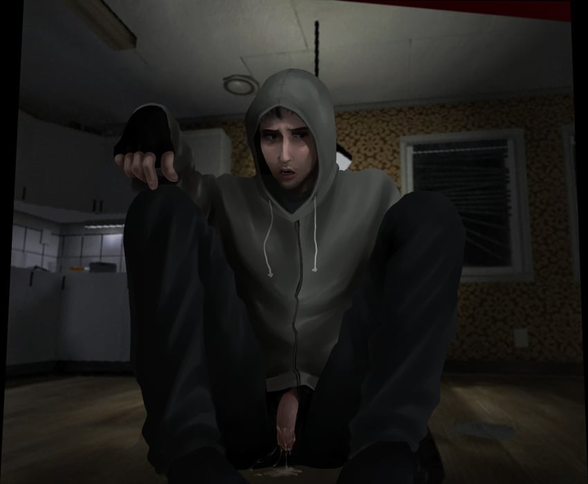 average_sized_penis black_hair cry_of_fear dripping_cum gay hoodie horror male nervous penis_out shy simon_henriksson sitting video_games yaoi