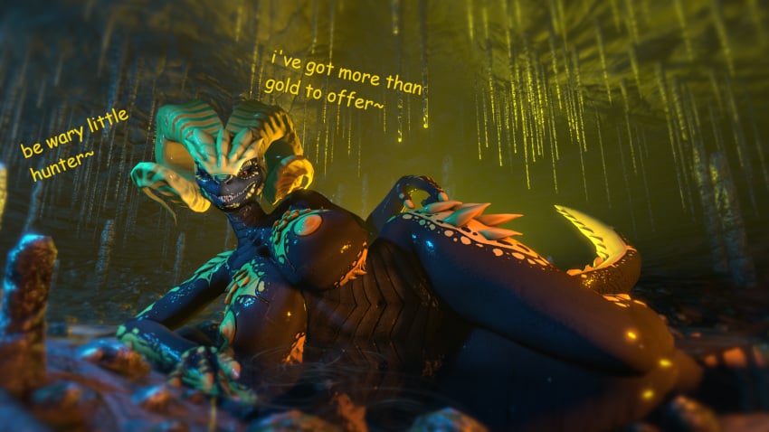 3d_(artwork) anthro big_breasts breasts capcom cave dialogue digital_media_(artwork) dragon elder_dragon english_text female hi_res kulve_(furromantic) kulve_taroth lying macro mature_female monster_hunter mythological_creature mythological_scalie mythology nude on_side scalie solo sourcebumbiscuit text wet wide_hips