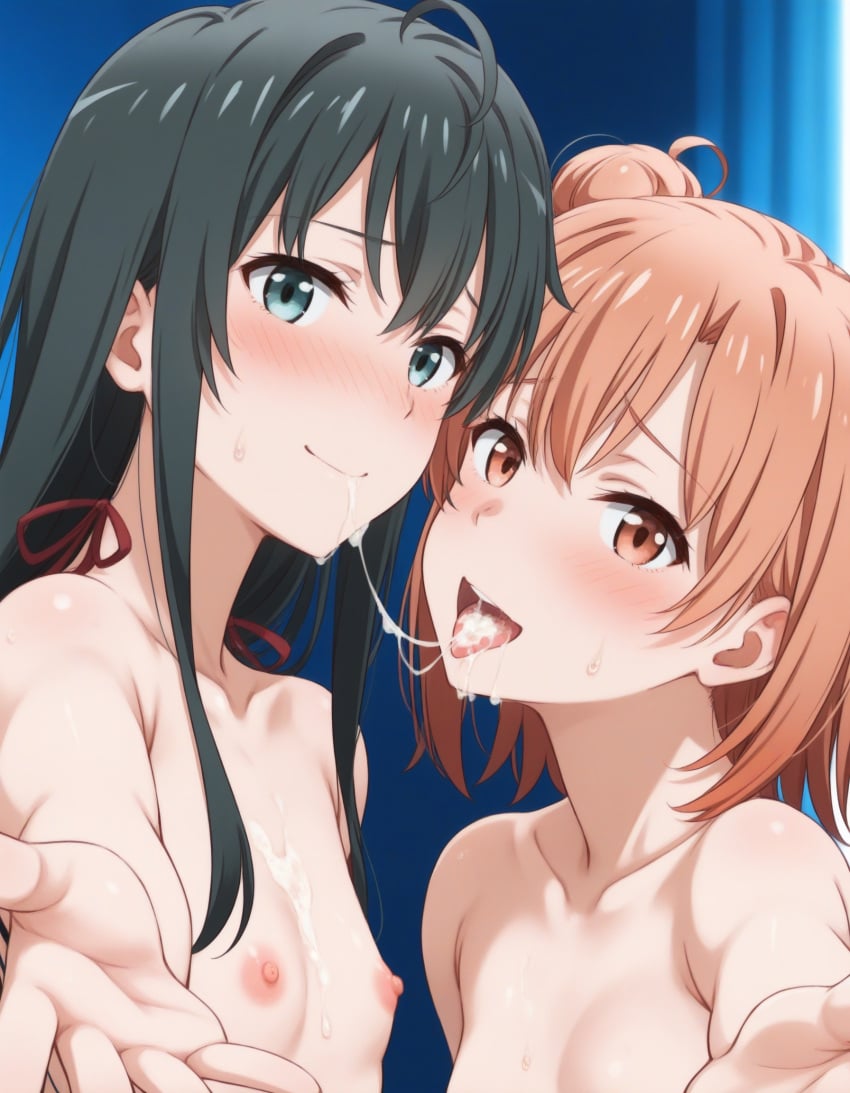 1boy 2girls after_fellatio ai_generated black_hair cum cum_in_mouth looking_at_viewer my_teen_romantic_comedy_snafu orange_hair reaching_out reaching_towards_viewer sex small_breasts yuigahama_yui yukinoshita_yukino