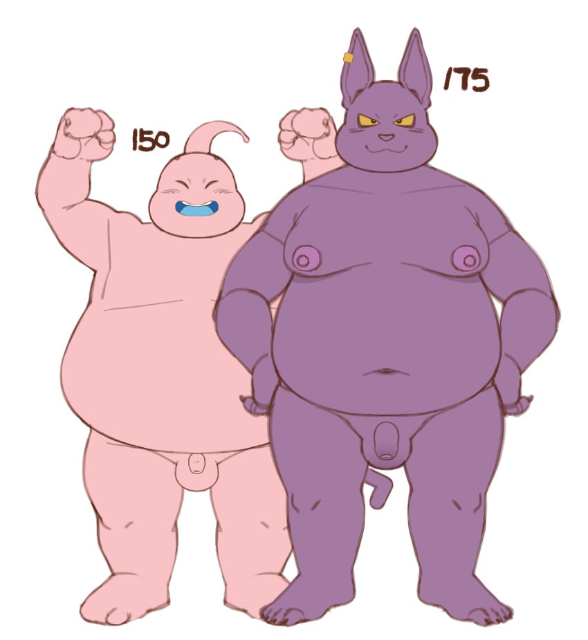 absurd_res alien anthro balls belly champa domestic_cat dragon_ball dragon_ball_super duo felid feline felis flaccid foreskin genitals hi_res humanoid_genitalia humanoid_penis majin majin_buu male male/male mammal nude overweight penis pink_body pupils purple_body simple_background slit_pupils unretracted_foreskin white_background who_corals yellow_eyes