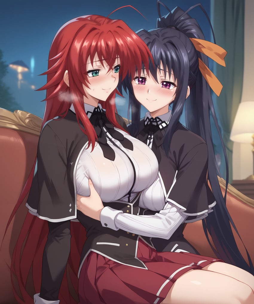 2females akeno_himejima black_hair_female female_on_female female_only grabbing_another's_breast high_school_dxd large_breasts_lesbians lesbian_couple light-skinned_female long_hair_female red_hair_female rias_gremory schoolgirl_uniform schoolgirls two_dominant_females wanila yuri yuri