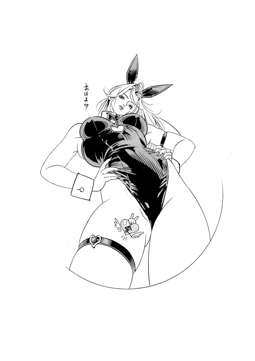 1girls 2024 black_and_white bow bunny_ears bunnysuit female female_focus female_only garter_belt hands_on_hips imaitetsuro japanese_text leg_tattoo looking_down original original_character solo solo_female solo_focus tattoo wrist_cuffs