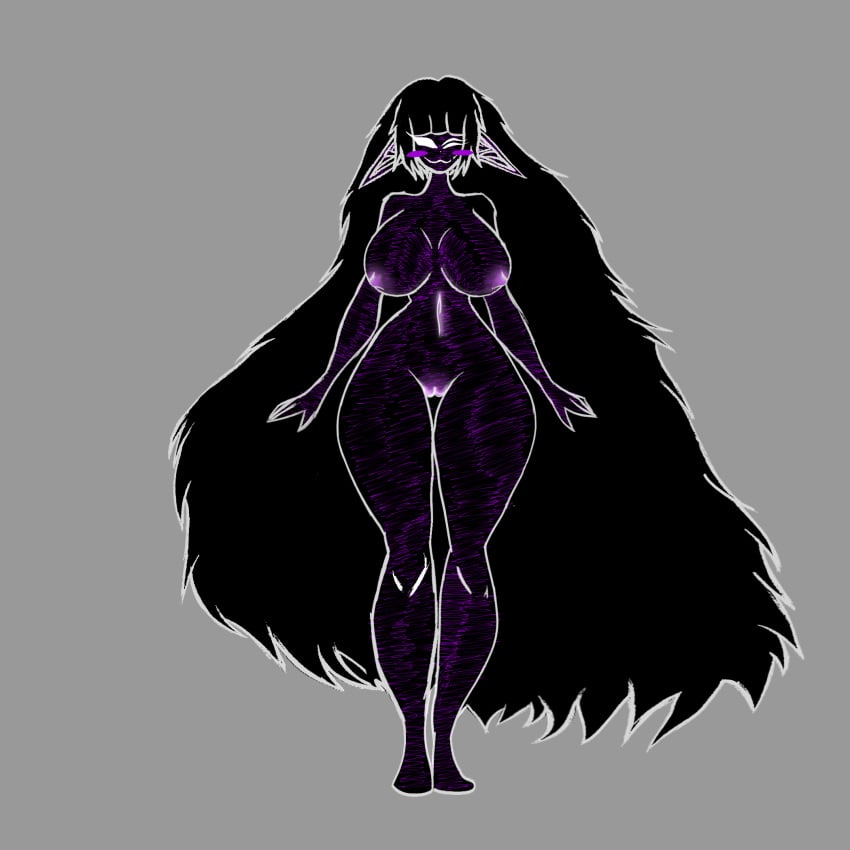 3_eyes bangs big_breasts black_body black_hair elf_ears grey_background inhuman long_hair nipples no_bra no_panties no_pupils no_underwear nude oc original original_character purple_blush purple_pussy purple_scar pussy_exposed smiling standing tall tall_female thicc thick_thighs thin_waist white_eyes white_mouth