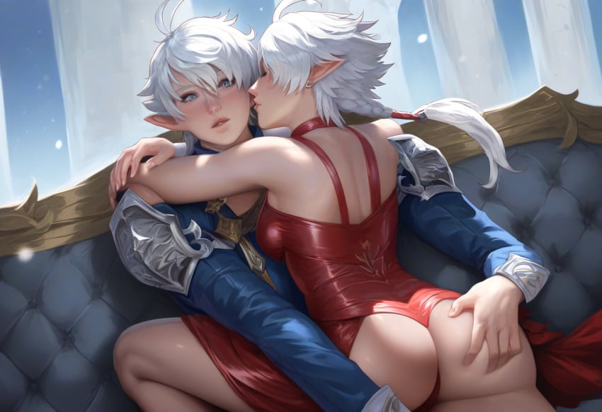 ai_generated alisaie_leveilleur alphinaud_leveilleur ass_grab elezen final_fantasy_xiv imminent_kiss incest sibling_incest siblings twins