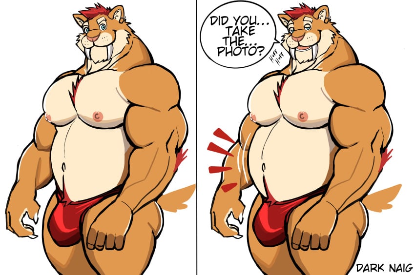 anthro balls bara barazoku bulge darknaigart flaccid furry male male_only muscles muscular penis sabertooth solo solo_male speech_bubble