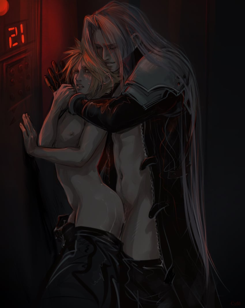 2boys anal anal_sex ass blonde_hair cloud_strife color cyfil7 elevator elevator_sex final_fantasy final_fantasy_vii gay gay_sex height_difference male/male pants_down penis sephiroth sex_from_behind shirtless size_difference sweat twink undressing white_hair yaoi