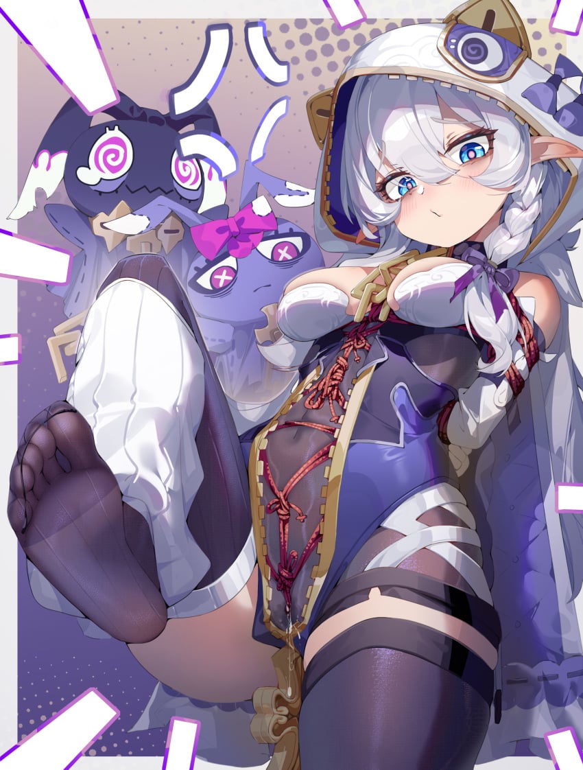 absurdres aiza-ku blue_eyes bondage bondage bondage bound bow breasts closed_mouth feet female highres honkai_(series) honkai_impact_3rd leg_warmers long_hair looking_at_viewer medium_breasts no_shoes oath_of_judah pointy_ears purple_bow purple_thighhighs pussy_juice restrained soles solo theresa_apocalypse theresa_apocalypse_(schicksal's_imperative) thighhighs tied_up_(nonsexual) toes white_hair