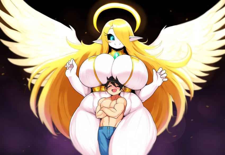 1boy ai_generated angel angel_wings divine_slut female happy height_difference huge_breasts human lucky_bastard mullon nameless_character novelai original original_character size_difference smile