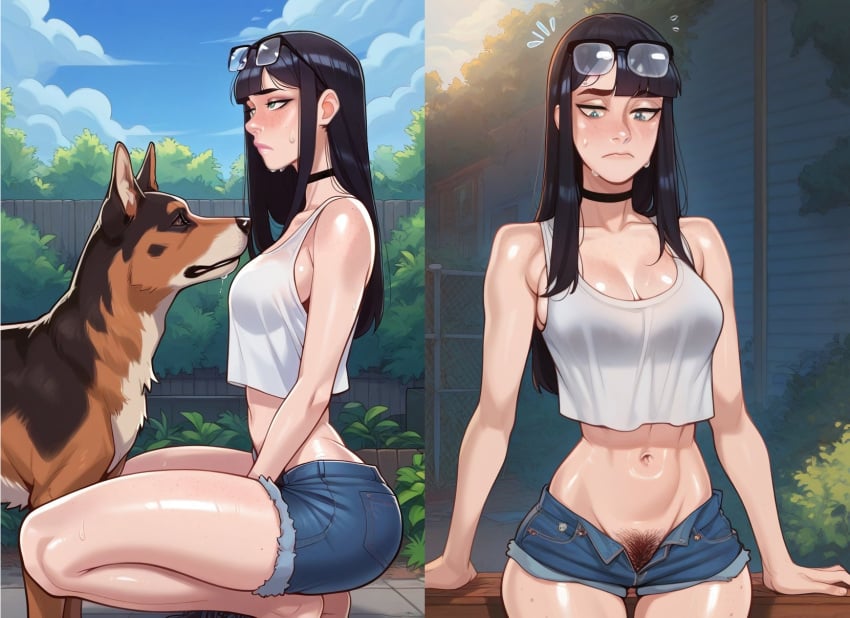 ai_generated before_sex black_hair blush canine cute eizouken_ni_wa_te_wo_dasu_na! feral_on_human freckles glasses horny imminent_sex imminent_vaginal kuriva looking_down outdoors pubes pubes_exposed sayaka_kanamori side_view skinny squatting sweat sweatdrop sweating taller_girl teasing zoophilia