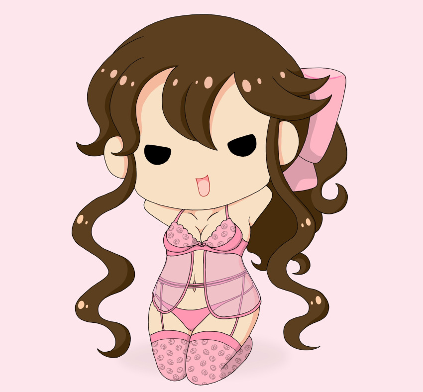 1girls chibi denisse-chan erotic_chibi female_solo hands_behind_head legwear lingerie no_fingers no_nose open_mouth pink_ribbon ponytail ribbon rincondedenisse