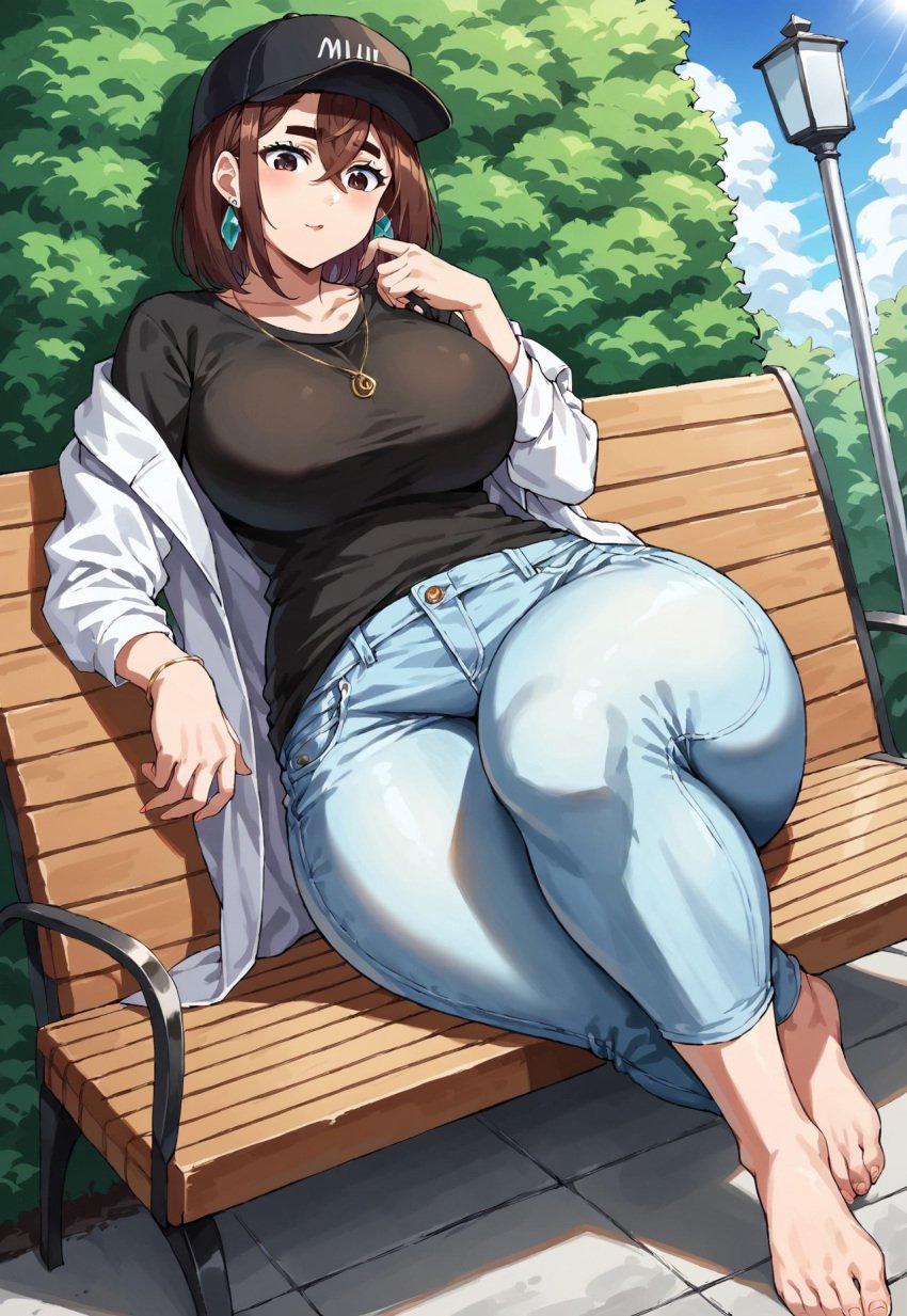 ai_generated ayase_momo barefoot baseball_cap black_headwear blue_clothing blue_jeans bottom_heavy cap clothed_female clothing dandadan footwear giantess headwear hourglass hourglass_figure jacket jeans light_blue_clothing light_jeans loitering sitting smiling smug sneakers taller_female thighs thunder_thighs tight_clothing tight_jeans touching_grass