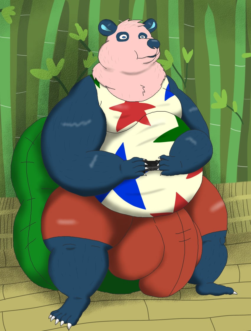 alythewolfcat animal_crossing anthro bean_bag bear belly big_belly big_bulge blue_spots bottomwear bulge chow_(animal_crossing) clothing controller detailed_bulge fur game_controller genital_outline giant_panda hi_res huge_belly huge_bulge hyper hyper_bulge male mammal nintendo nintendo_controller nintendo_switch overweight overweight_male penis_outline pink_body pink_fur shirt shorts solo solo_male spots switch_pro_controller tank_top topwear