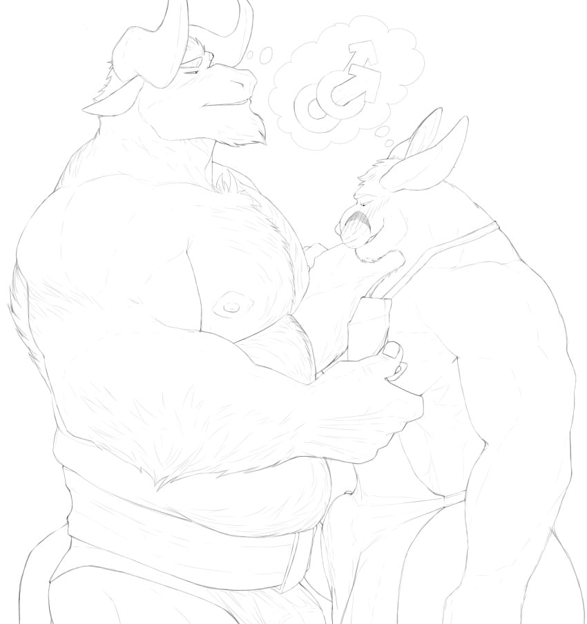 2022 2_horns anthro apron apron_only bovid bovine cattle clothing duo hi_res horn interspecies islate_(artist) kangaroo line_art macropod male male/male mammal marsupial monochrome musclegut muscular muscular_anthro muscular_male nipple_fetish nipple_play size_difference