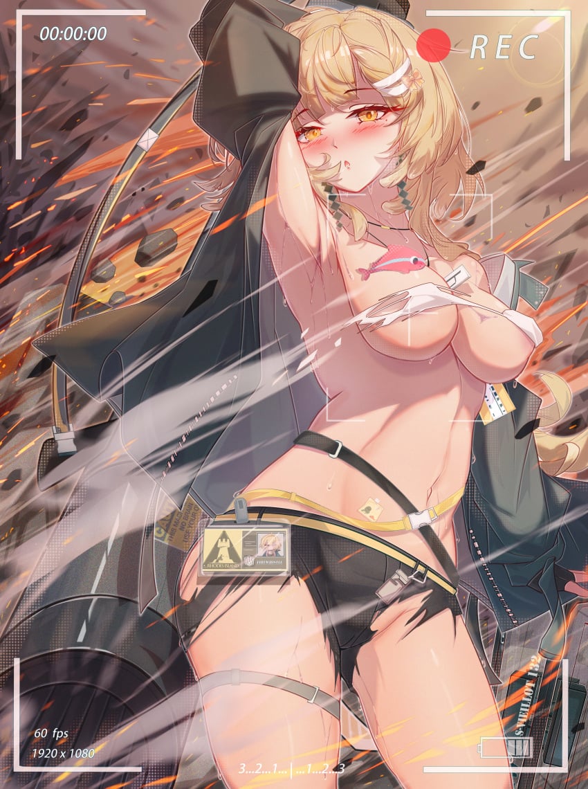 1girls 2024 arknights armpits arms_up belly blonde_hair blonde_hair blush blush breasts breasts_out firewhistle_(arknights) hao_tongxue heart hi_res jacket_on_shoulders light-skinned_female light_skin medium_breasts midriff no_panties pose posing recording solo standing thigh_strap yellow_eyes