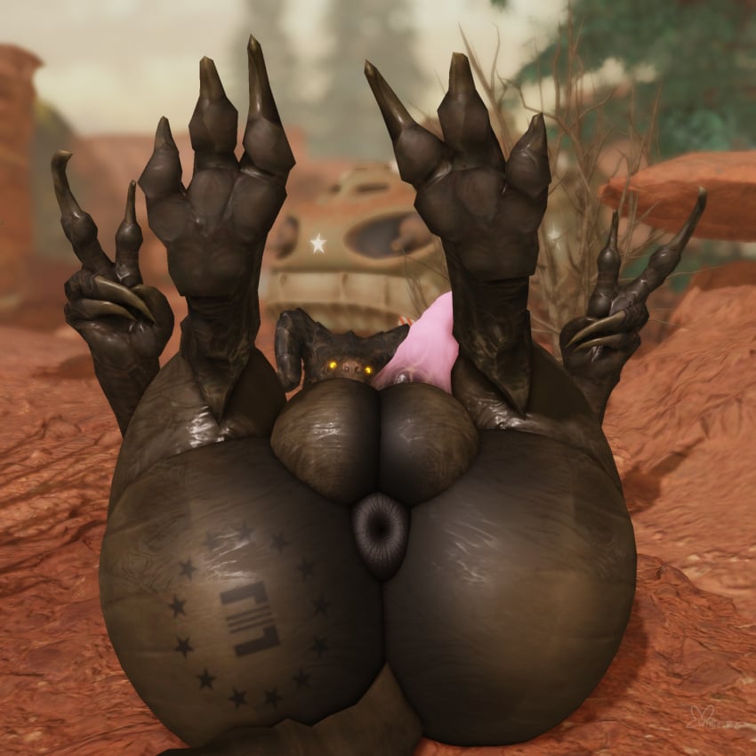 1:1 3d_(artwork) anthro anus ass balls big_balls big_butt big_penis brand deathclaw digital_media_(artwork) enclaw_(willie_piv) fallout genitals gesture hand_gesture hi_res horn huge_butt lying male microsoft on_back outside penis puffy_anus scalie solo tail v_sign willie_piv yellow_eyes