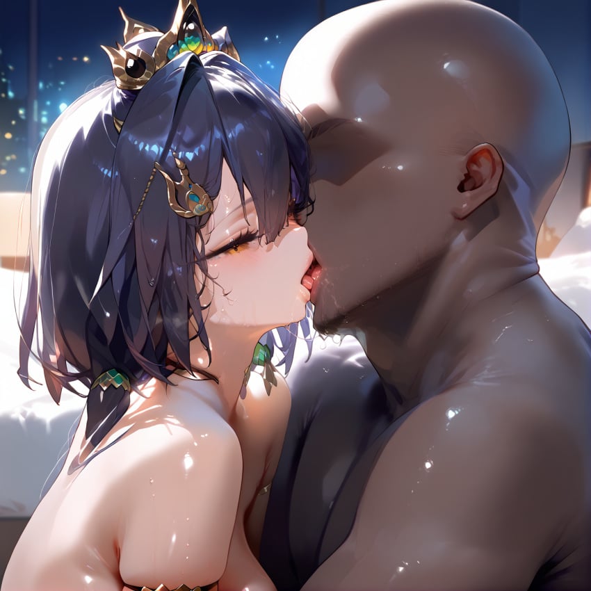 1girls ai_generated bed bedroom dark-skinned_male faceless_male french_kiss fuwako gold_eyes honkai:_star_rail interracial kissing naked navy_blue_hair nude saliva shiny_skin tiara tongue tongue_kiss yunli_(honkai:_star_rail)