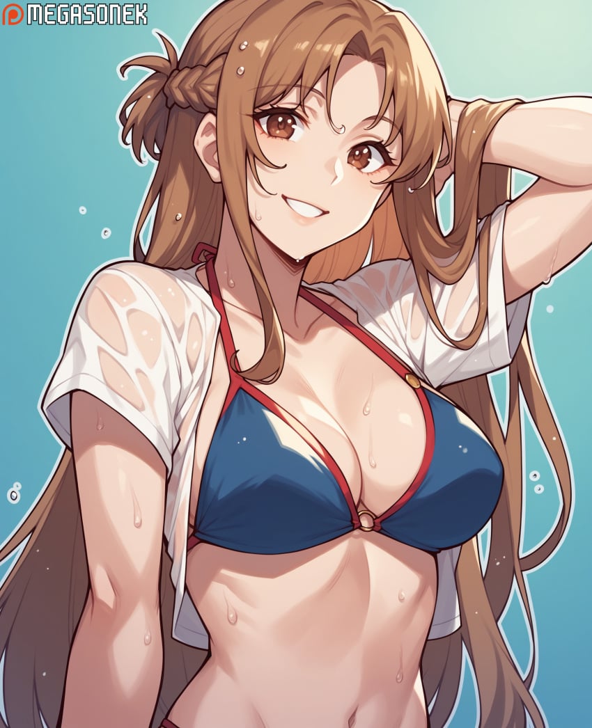 ai_generated bangs bikini blue_background blue_bikini braid breasts brown_eyes brown_hair cleavage collarbone female french_braid gradient gradient_background grin hand_in_own_hair large_breasts long_hair looking_at_viewer megasonek navel o-ring open_clothes open_shirt patreon_username see-through shirt short_sleeves smile solo swimsuit sword_art_online upper_body watermark wet wet_clothes wet_shirt white_shirt yuuki_asuna