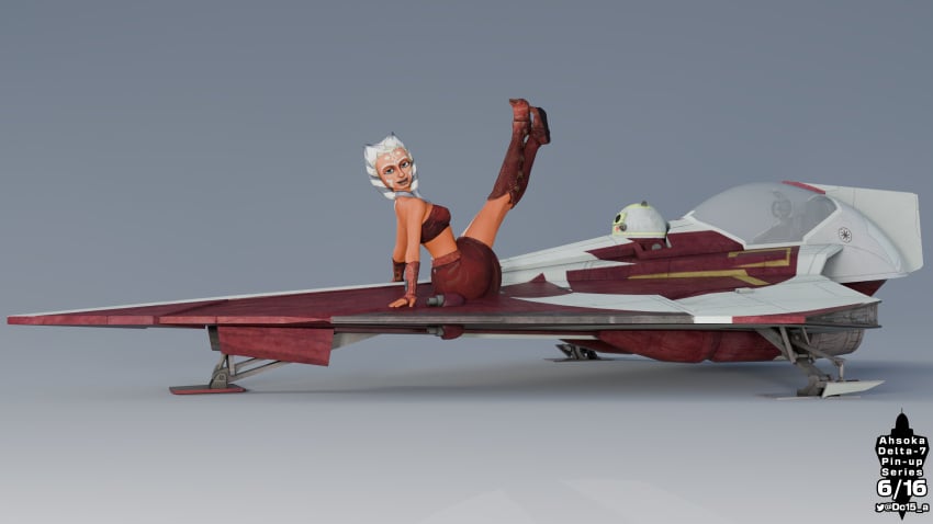 ahsoka_tano alien astromech_droid boots clone_wars dc15-a female female_only gloves legs legs_up looking_at_viewer orange_body orange_skin pinup pinup_(style) pinup_pose simple_background skirt solo solo_female spacecraft spaceship star_wars togruta tubetop