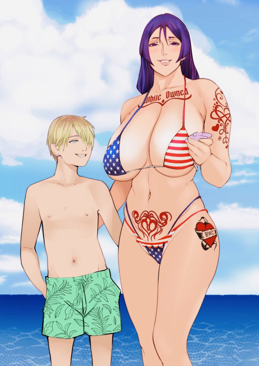 american_flag artist_request ass_grab beach belly_button big_ass big_breasts bikini bikini_bottom bikini_top bleached blonde_hair blue_eyes blush commission dominant fate/grand_order fate_(series) glowing_sora grabbing grabbing_from_behind height_difference lipstick looking_at_viewer massive_breasts minamoto_no_raikou_(fate/grand_order) mostly_nude oc original_character pale-skinned_female pale-skinned_male pale_skin phone purple_eyes purple_hair queen_of_hearts servant sex_slave sex_toy shorter_male shorts size_difference slave submissive submissive_female thick_thighs wide_hips