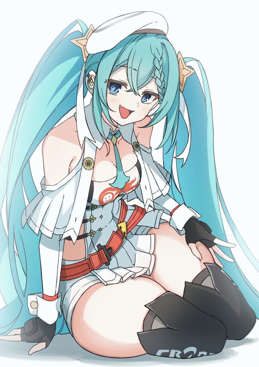 1girls big_breasts braid braided_hair fingerless_gloves gloves hatsune_miku kneeling_on_ground laying_down looking_at_viewer medium_breasts racing_miku sitting skirt squeeze thick_thighs thigh_squeeze thighhighs thunder_thighs vocaloid