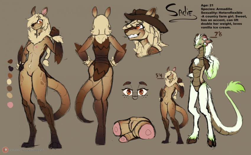 anthro armadillo breasts clothing duo female fur furred_scalie furred_snake genitals hat headgear headwear hi_res looking_at_viewer male mammal measurements original original_character psychorodent pussy reptile sadie_(psychorodent) scalie smile snake standing text uncensored xenarthran