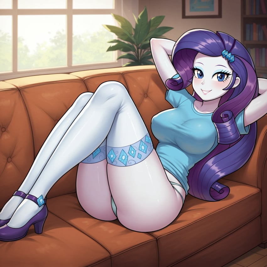 1girls ai_generated arms_behind_head ass big_breasts blush breasts couch equestria_girls female female_only friendship_is_magic hasbro high_heels indoors large_breasts looking_at_viewer my_little_pony on_couch panties pony_diffusion_6 pony_diffusion_xl rarity_(eg) rarity_(mlp) smile smiling solo solo_female stable_diffusion stockings t-shirt thighhighs underwear