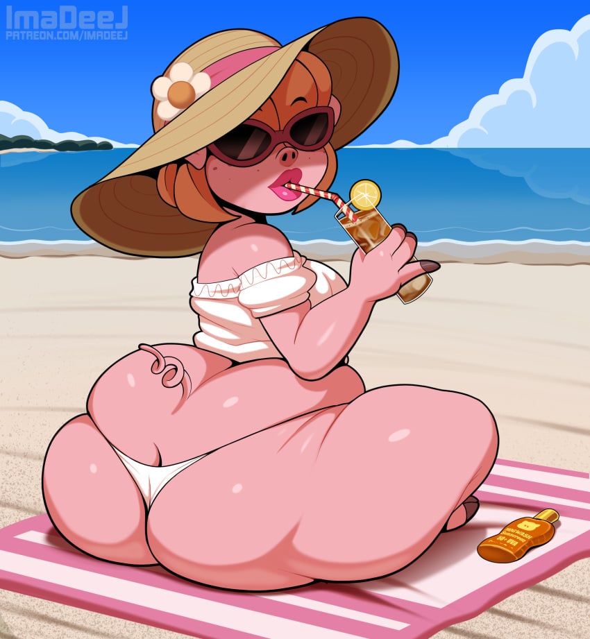 1girls ass beach beach_towel bikini chubby chubby_female drinking female hat huge_ass imadeej original original_character overweight pig pig_girl samantha_(imadeej) sunglasses