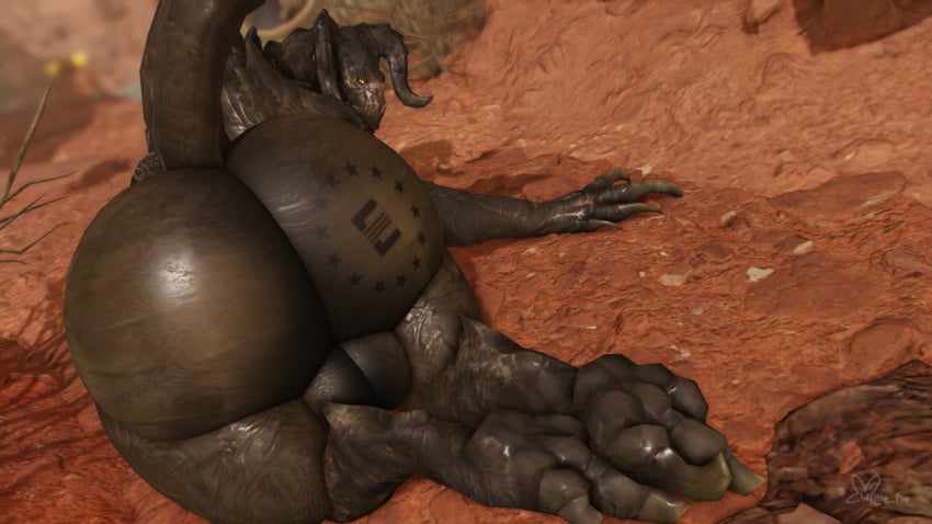 anthro ass backsack balls big_balls big_butt branded claws deathclaw enclaw_(willie_piv) fallout genitals hi_res horn huge_butt looking_back male male_only microsoft outside roblox scalie solo solo_male tail willie_piv yellow_eyes