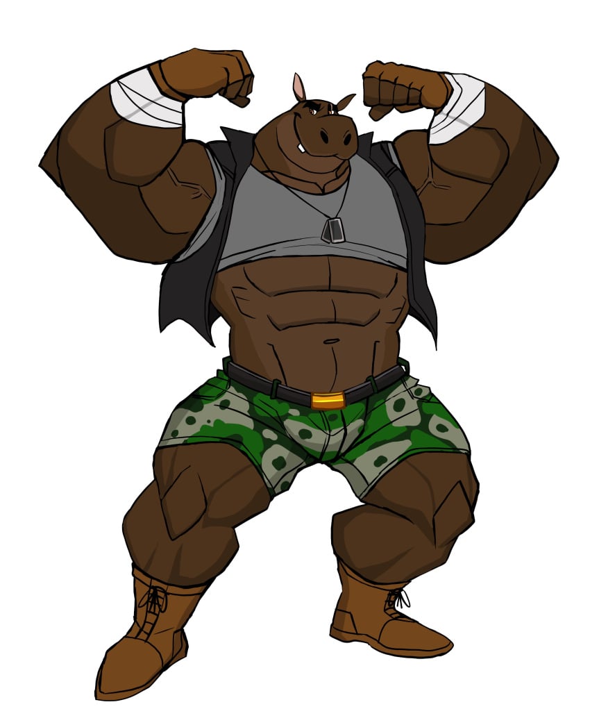 anthro balls bandage bara barazoku bulge clothing darknaigart flaccid flexing gay hippopotamid male male_only muscles muscular penis shorts solo solo_male