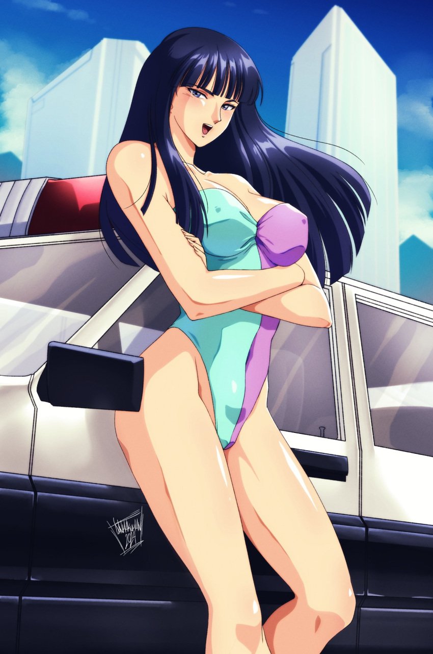 1girls 2024 artist_signature black_hair breasts crossed_arms danmakuman kanuka_clancy long_hair looking_at_viewer open_mouth outdoors patlabor police_car sky solo solo_female solo_focus standing swimsuit