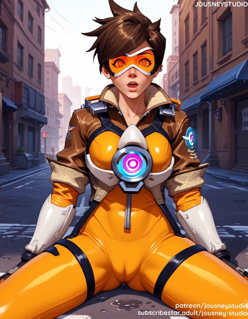 ai_generated bangs blue_sky blush bodysuit breasts brown_eyes brown_hair building cameltoe city cityscape clothing cloud day english_text eyewear female female female_only gloves goggles jacket jousneystudio large_breasts lips looking_at_viewer medium_breasts open_mouth orange_bodysuit outdoors overwatch overwatch_2 parted_lips pilot_suit science_fiction short_hair sitting skin_tight sky solo spread_legs thighs tracer tracer_(overwatch)