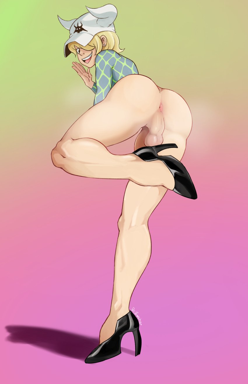 1boy artist_request blonde_hair cap dellinger femboy half-dressed high_heels horns looking_back male male_only one_piece presenting_ass smile solo