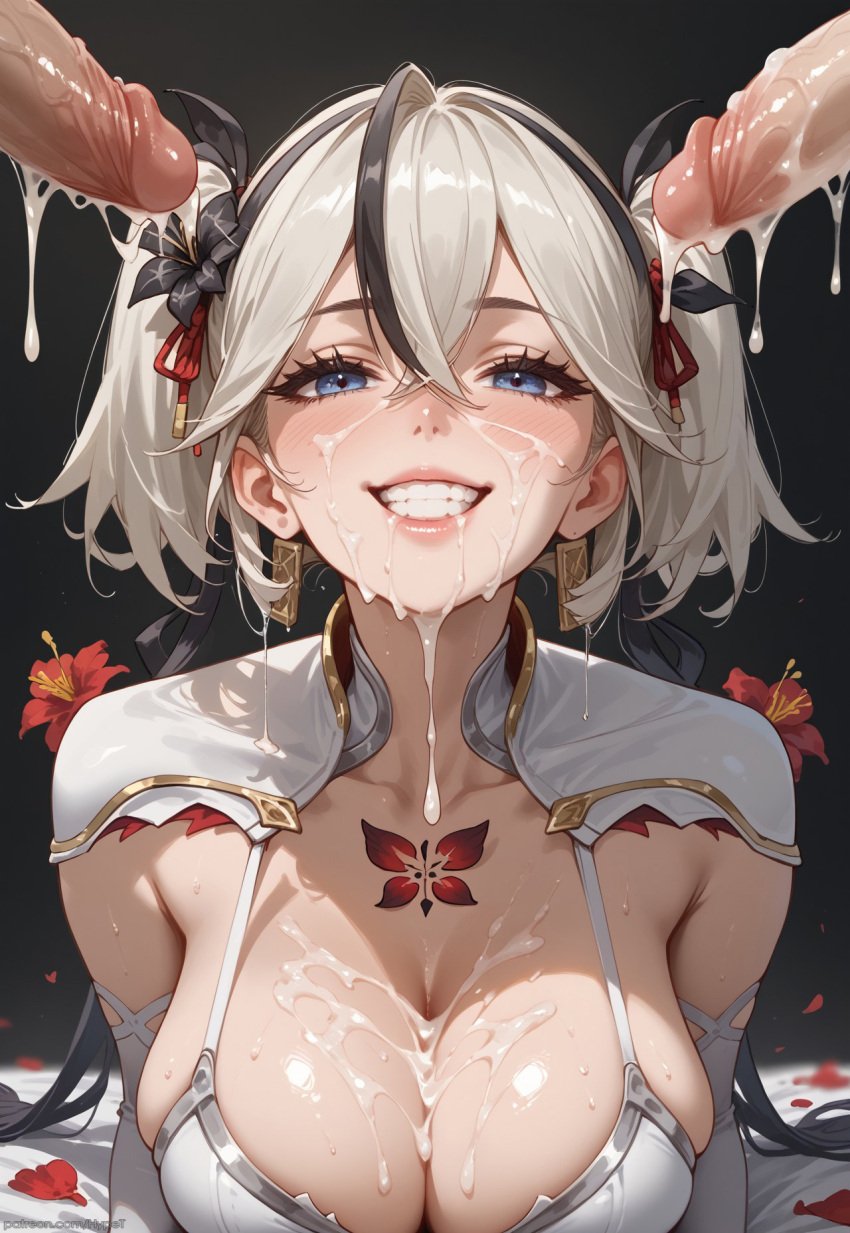 after_fellatio after_oral ai_generated big_breasts blue_eyes camellya_(wuthering_waves) cum cum_on_breasts cum_on_face female hypet shiny shiny_skin smiley_face tagme thick thick_thighs thighhighs thighs video_game_character wet wet_body white_hair wuthering_waves