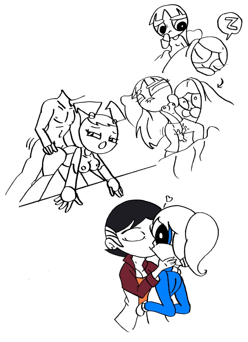 blossom_(powerpuff_girls) bubbles_(powerpuff_girls) french_kiss gynoid jenny_wakeman masturbation ms._keane my_life_as_a_teenage_robot powerpuff_girls sisters smooth_skin teenager toongrowner xj-9 yuri